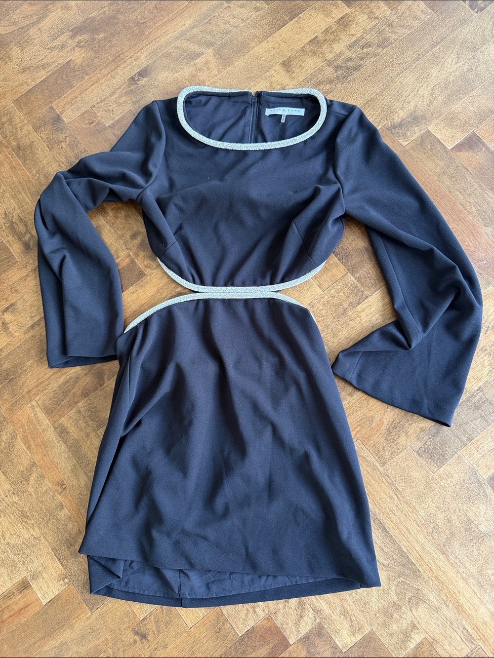 Trina Turk Black Long-Sleeve Cutout Dress with Silver Trim